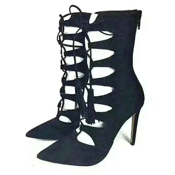 Steve Madden Piper Suede Nubuck Tassel Boots Lace Up Heels Black Size 7.5 - Picture 7 of 7